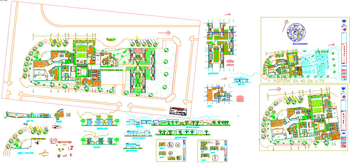 Modern Hotel AutoCAD Design with Site Layout and Section Details