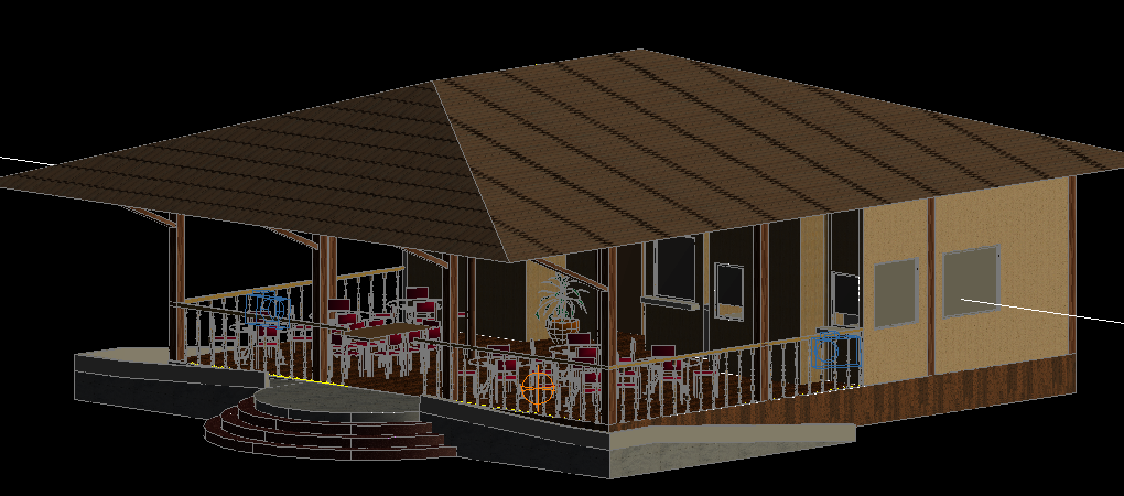 Restaurant AutoCAD Drawing with 3D Rendered View and Interior Layout