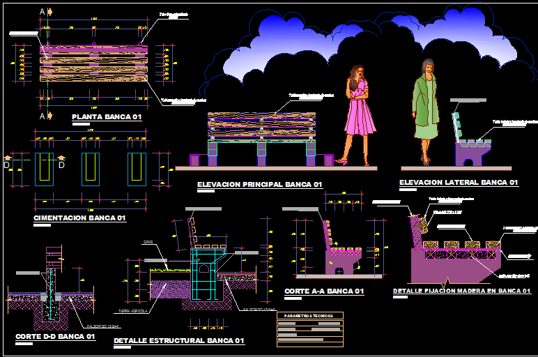 Outdoor Bench DWG Design with Plan Section and Elevation Views