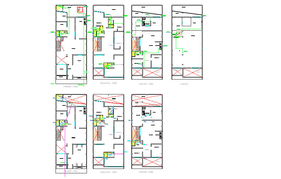 Residential sanitary design plan with multi floor plumbing layout