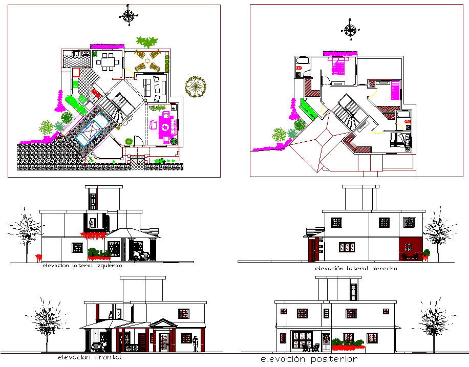 Family house 2D cad design with floor plan and elevation layout