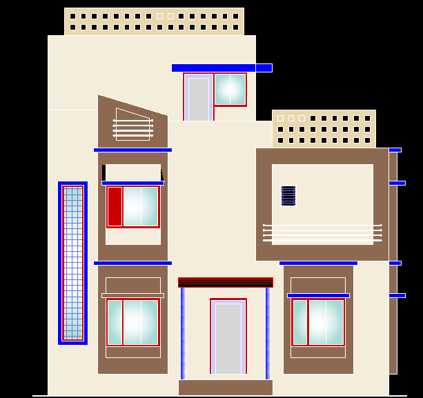 House Design CAD Drawing with 2D Rendered Modern Elevation View