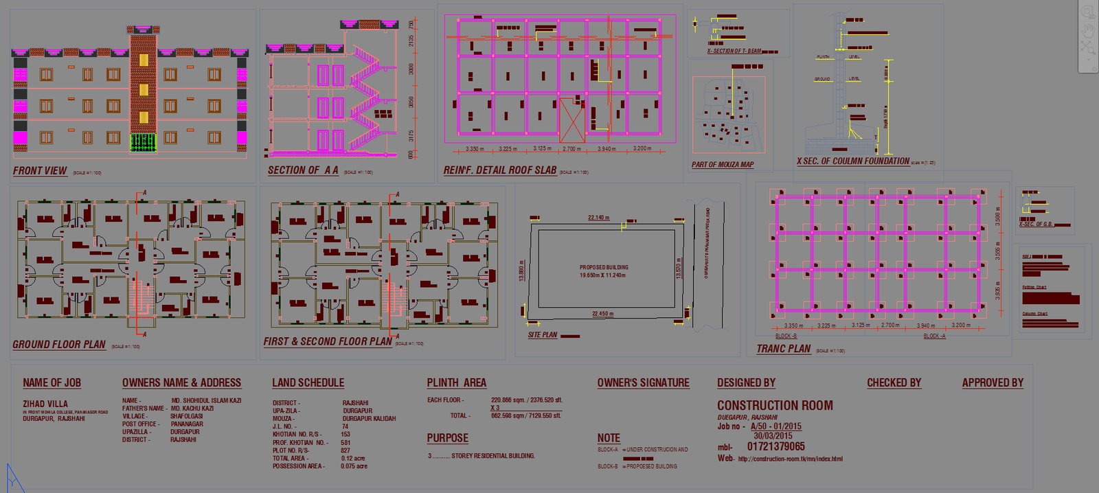 Three Storey House Plan with Four Bedrooms and Column Beam Detail