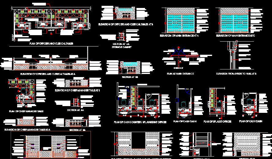 Bank Interior Design AutoCAD DWG with Plans, Sections, and Elevations
