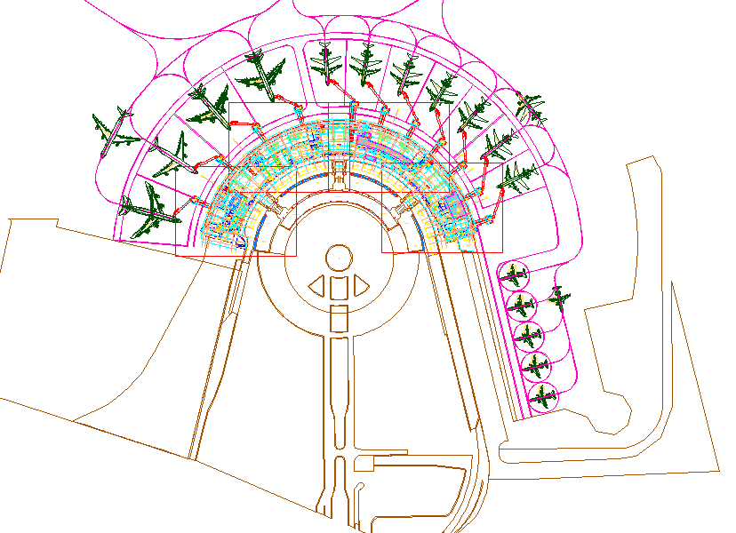 Airport Detail Plan with Terminals, Runways, and Dimensions.