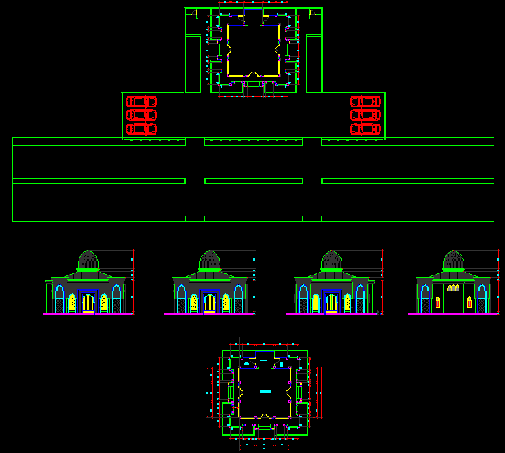 Mosque CAD Drawing with Plan and Elevation Architectural Details