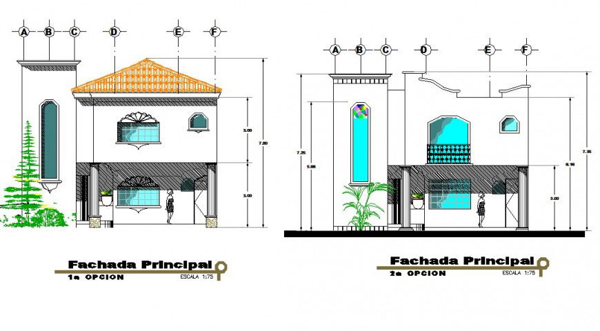 Façade elevation detail drawing of bungalow in dwg AutoCAD file.
