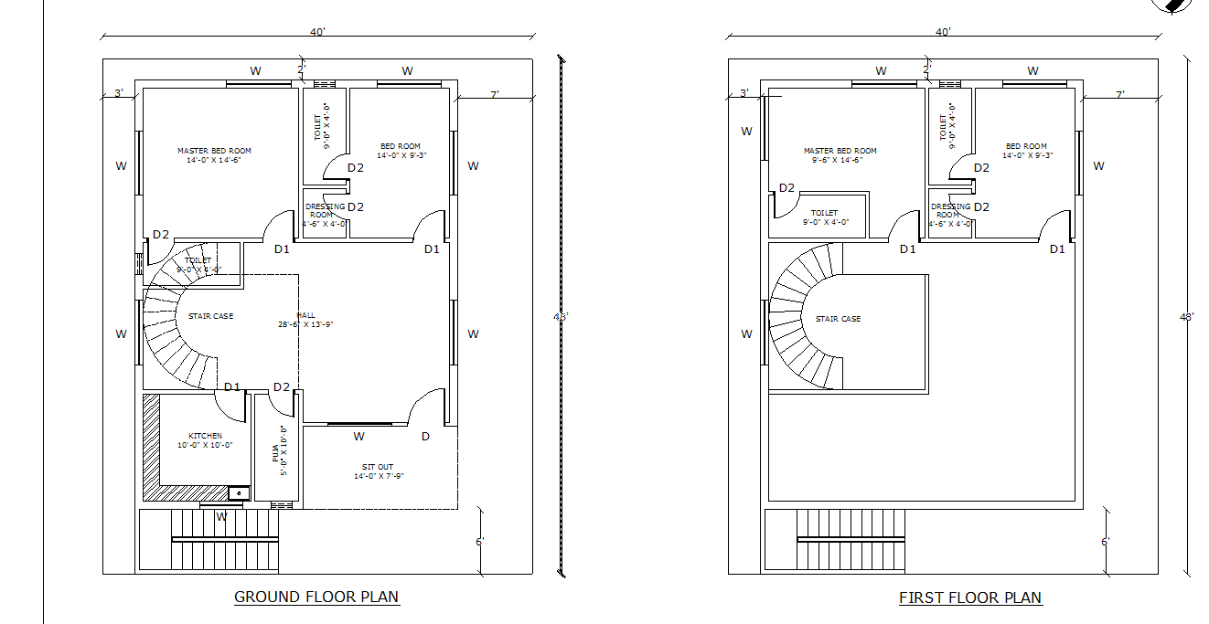 Detailed house plan DWG with 40 by 48 layout and room measurements