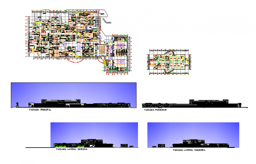 Facade, back, rear etc all sided elevation with plan details of multi-level hospital dwg file