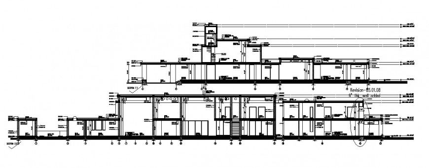 Facade and back constructive section details of club house building dwg file