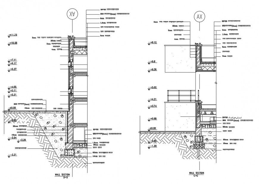 Facade and back cut constructive section details of house building dwg file