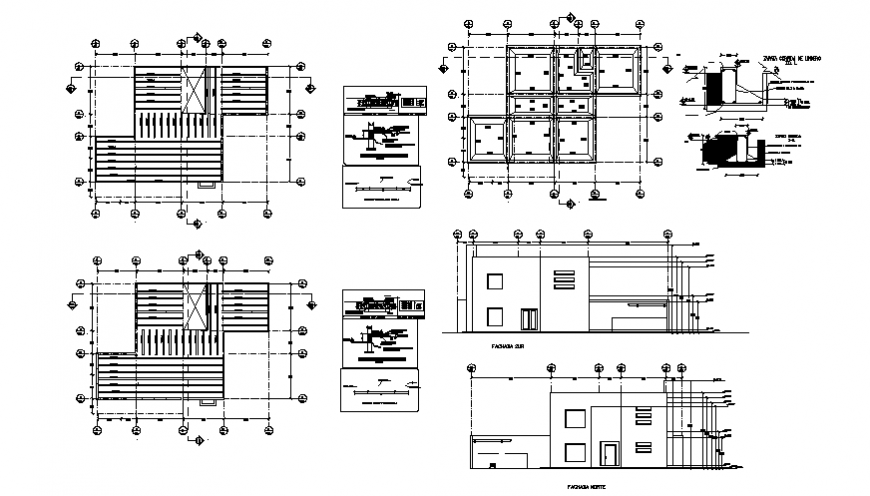 Facade and back elevation, foundation and constructive structure details of one family house dwg file