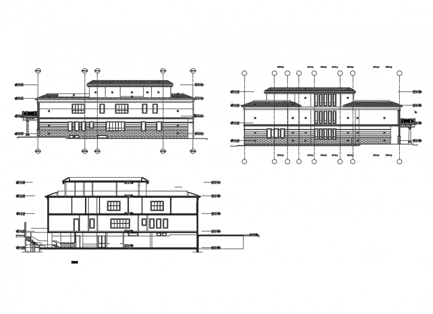 Facade and back elevation and facade section of villa details dwg file
