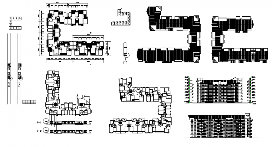 Facade and back elevation and floor plan details of apartment building dwg file