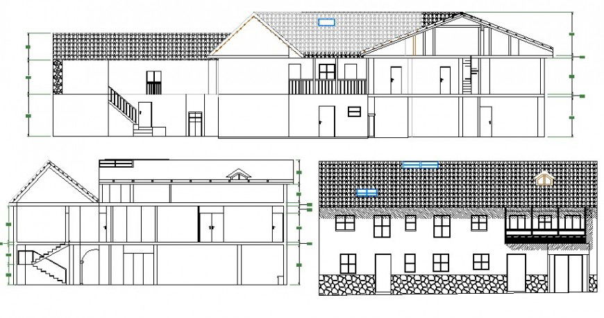Facade and back elevation and main section details of restaurant cad drawing details dwg file