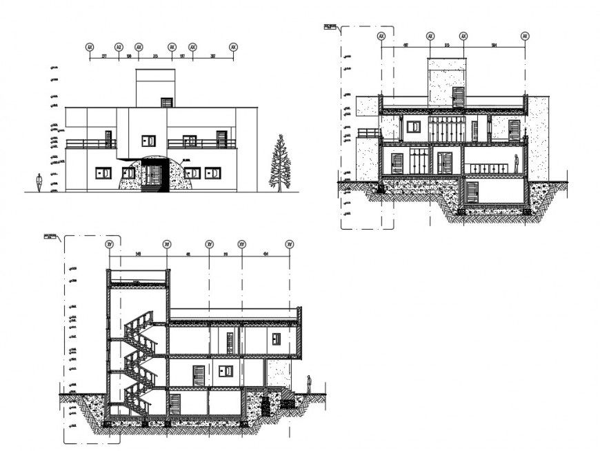 Facade and back elevation and main section details of villa dwg file