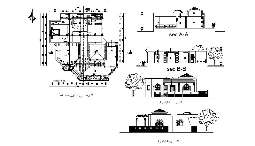 Facade and back elevation and section and first floor plan details of villa dwg file