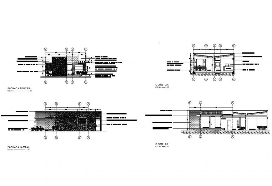 Facade and back elevation and section details of office building dwg file