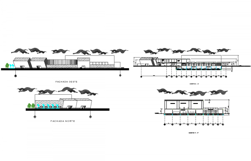 Facade and back elevation and section details of shopping center dwg file