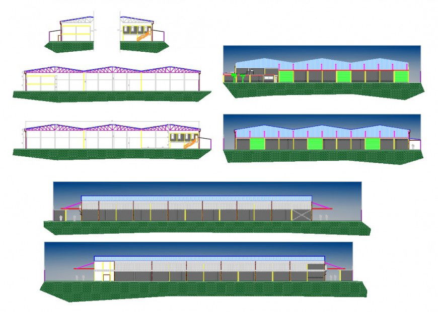 Facade and back elevation and sectional details of industrial plant dwg file