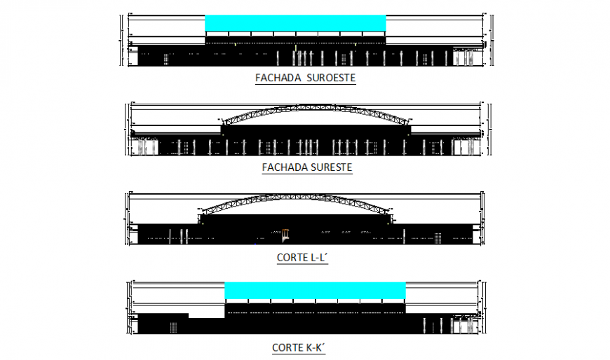 Facade and back elevation and sectional details of market dwg file