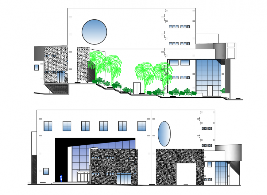 Facade and back elevation details of auditorium hall dwg file