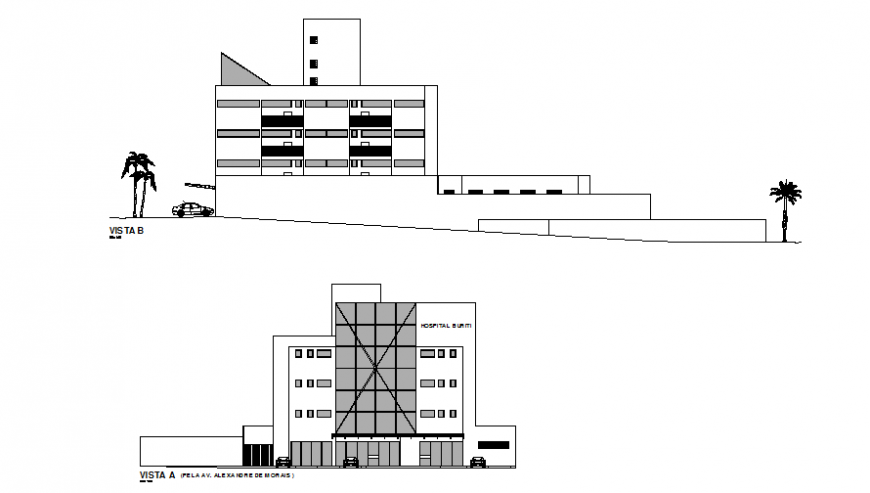 Facade and back elevation details of multi-flooring hospital dwg file