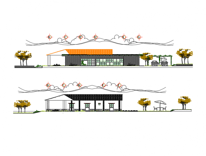 Facade and back elevation details of one family adobe house dwg file