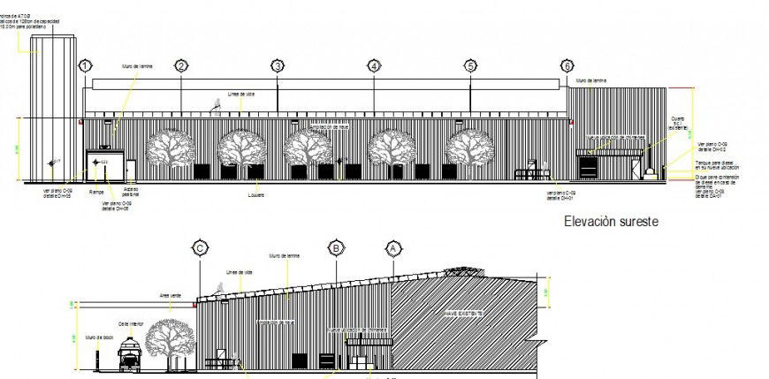 Facade and back elevation details of production plant cad drawing details dwg file