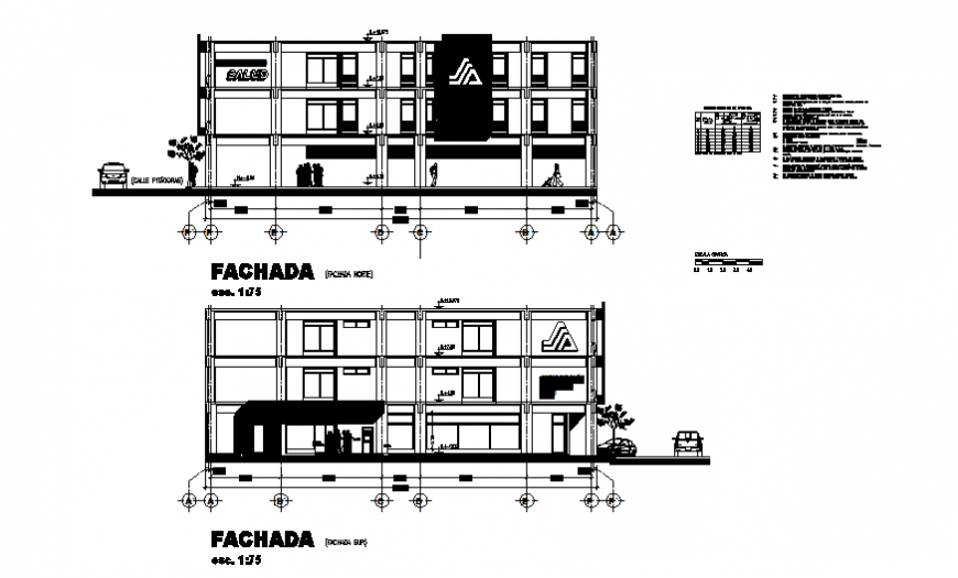Facade and back elevation details of single family house dwg file