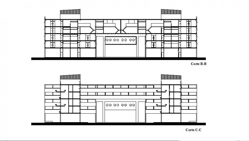 Facade and back section details of apartment building dwg file