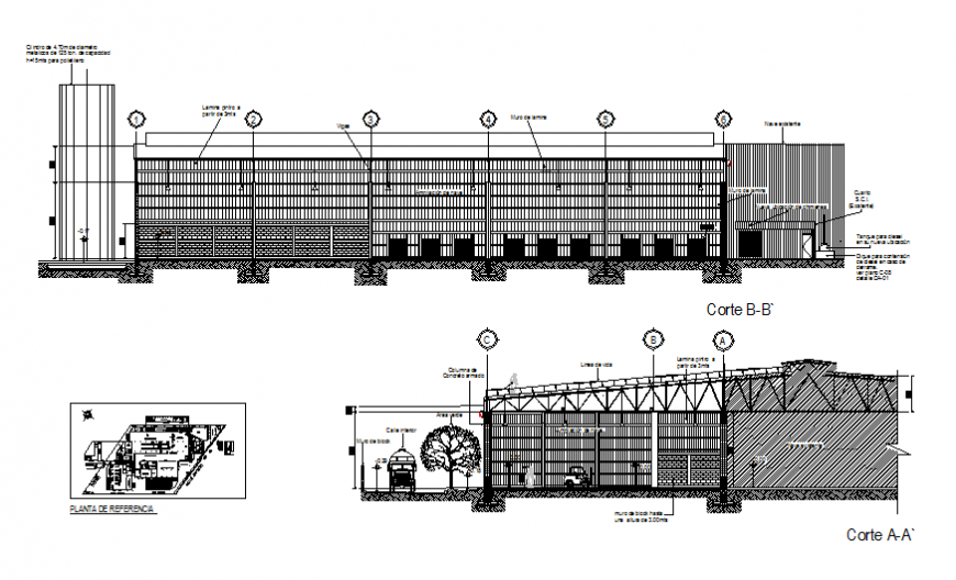 Facade and back section details of office building with reference plan cad drawing details dwg file