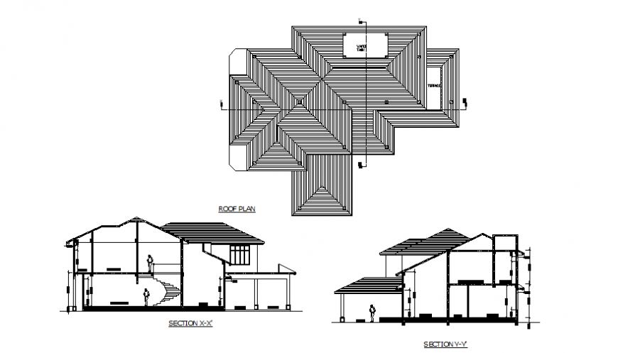 Facade and back section with roof plan details of house dwg file