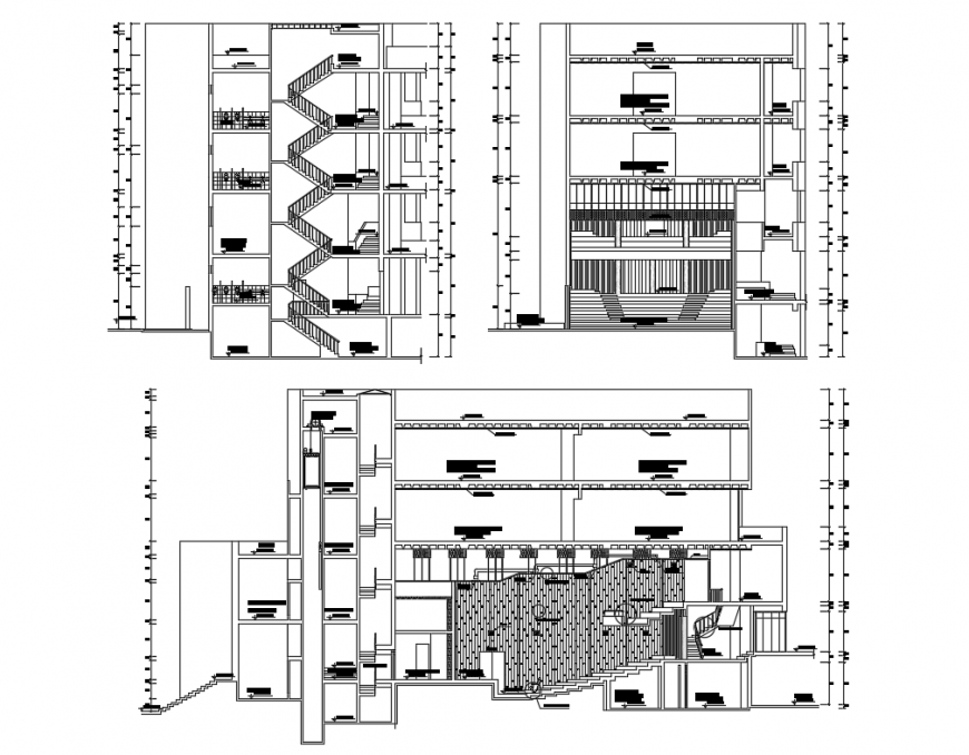 Facade and back sectional details of auditorium hall dwg file