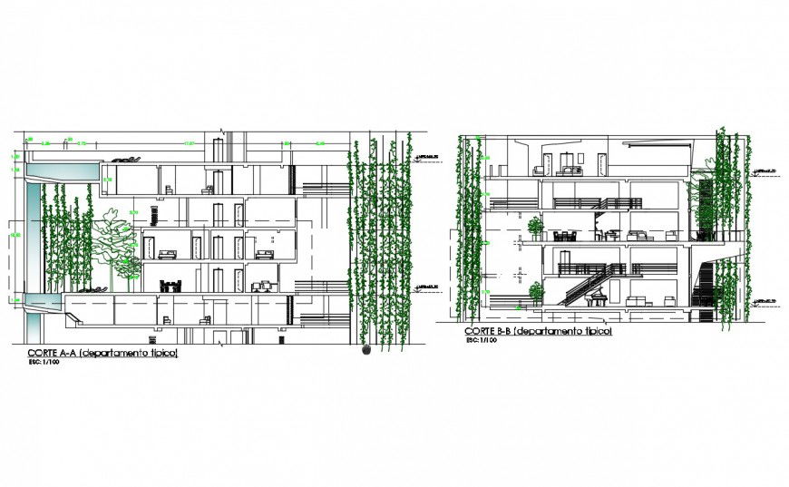 Facade and back sectional details of multi-level corporate building dwg file
