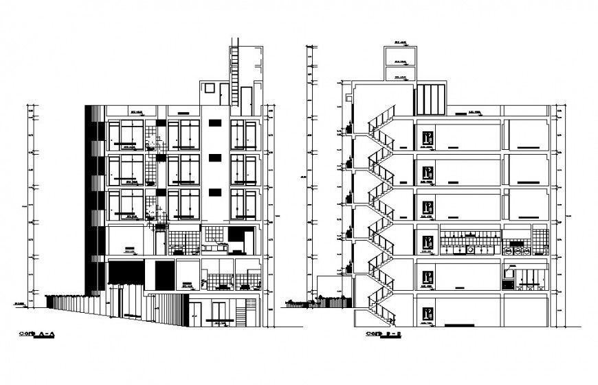 Facade and back sectional details of multi-story apartment building dwg file