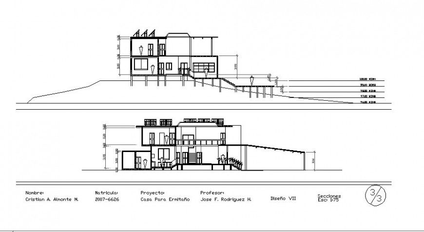 Facade and back sectional details of one family house dwg file