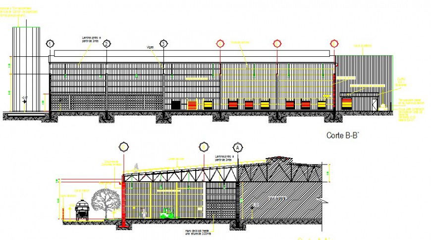 Facade and back sectional details of production plant cad drawing details dwg file