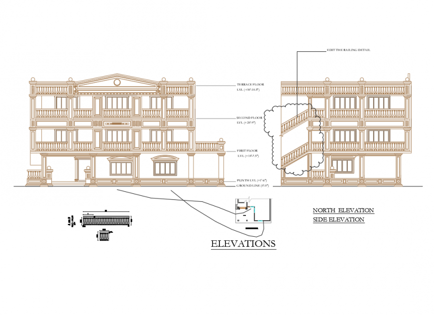 Facade and north side elevations details of house apartment building dwg file
