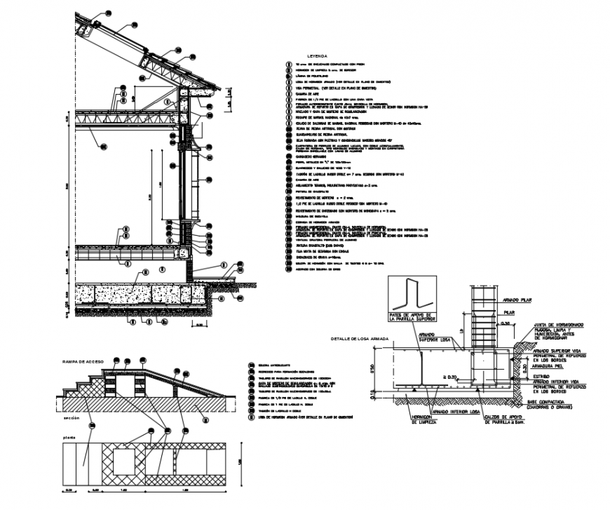 Facade constructive-sectional details of roof of building dwg file