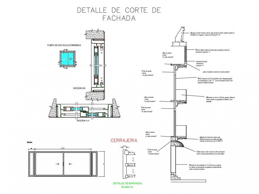 Facade constructive section details of house building dwg file