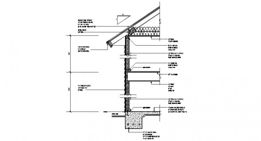 Facade constructive section details of two-story house dwg file