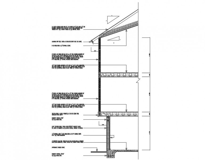 Facade cut sectional constructive details of two-story house dwg file