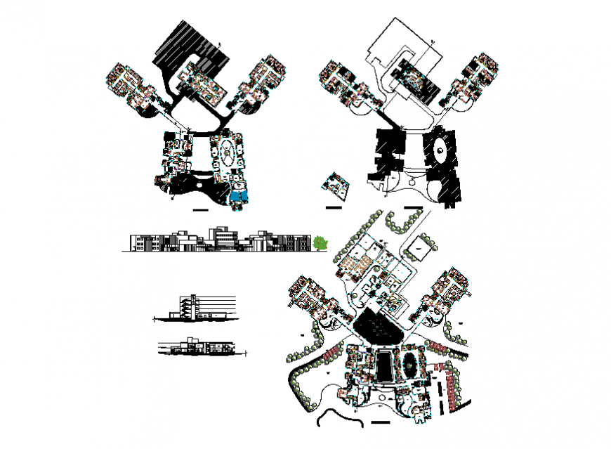 Facade elevation, section and floor plan details of multi-flooring civil hospital dwg file