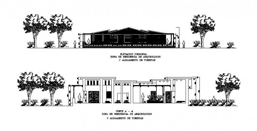 Facade elevation and section details of archaeological complex dwg file