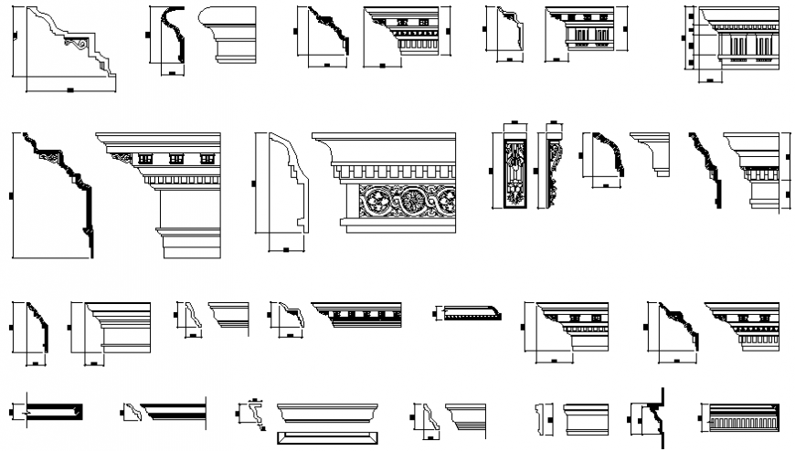 Facade elevation blocks details of cornices and moldings dwg file