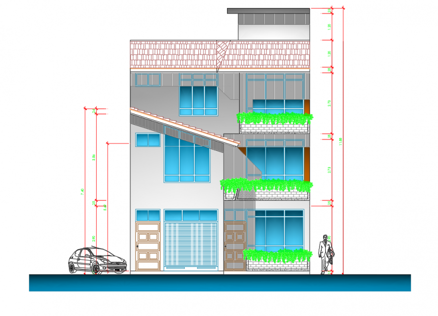 Facade elevation details of three-level house dwg file