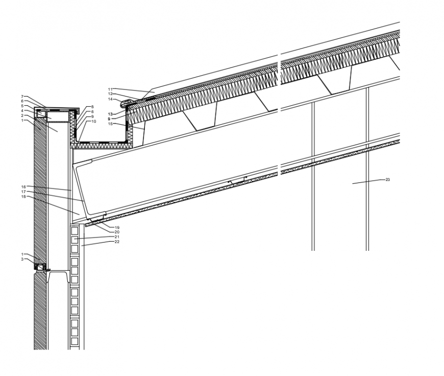 Facade of panels and which deck roof constructive details dwg file