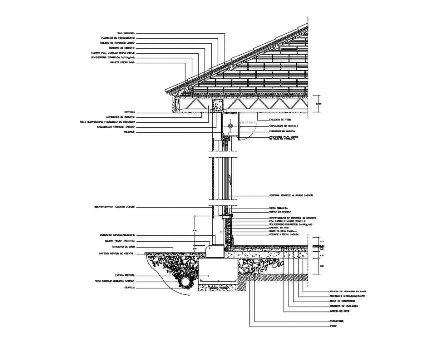 Facade sectional-constructive details of single family house with roof dwg file