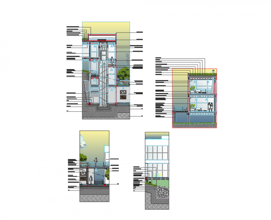 Facade sectional constructive details of multi flooring office building dwg file